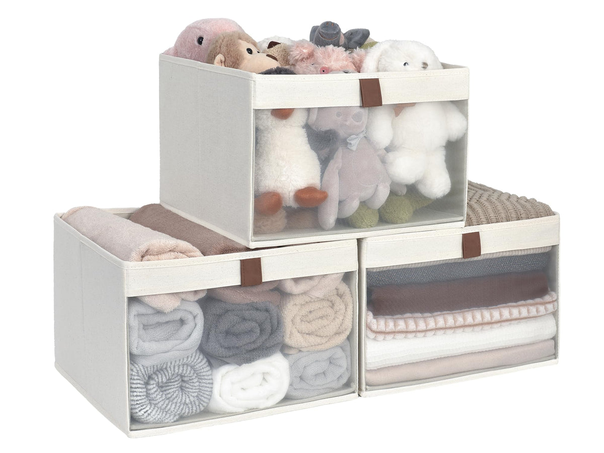 StorageWorks closet storage bins with clear window for quick, organized clothing visibility.