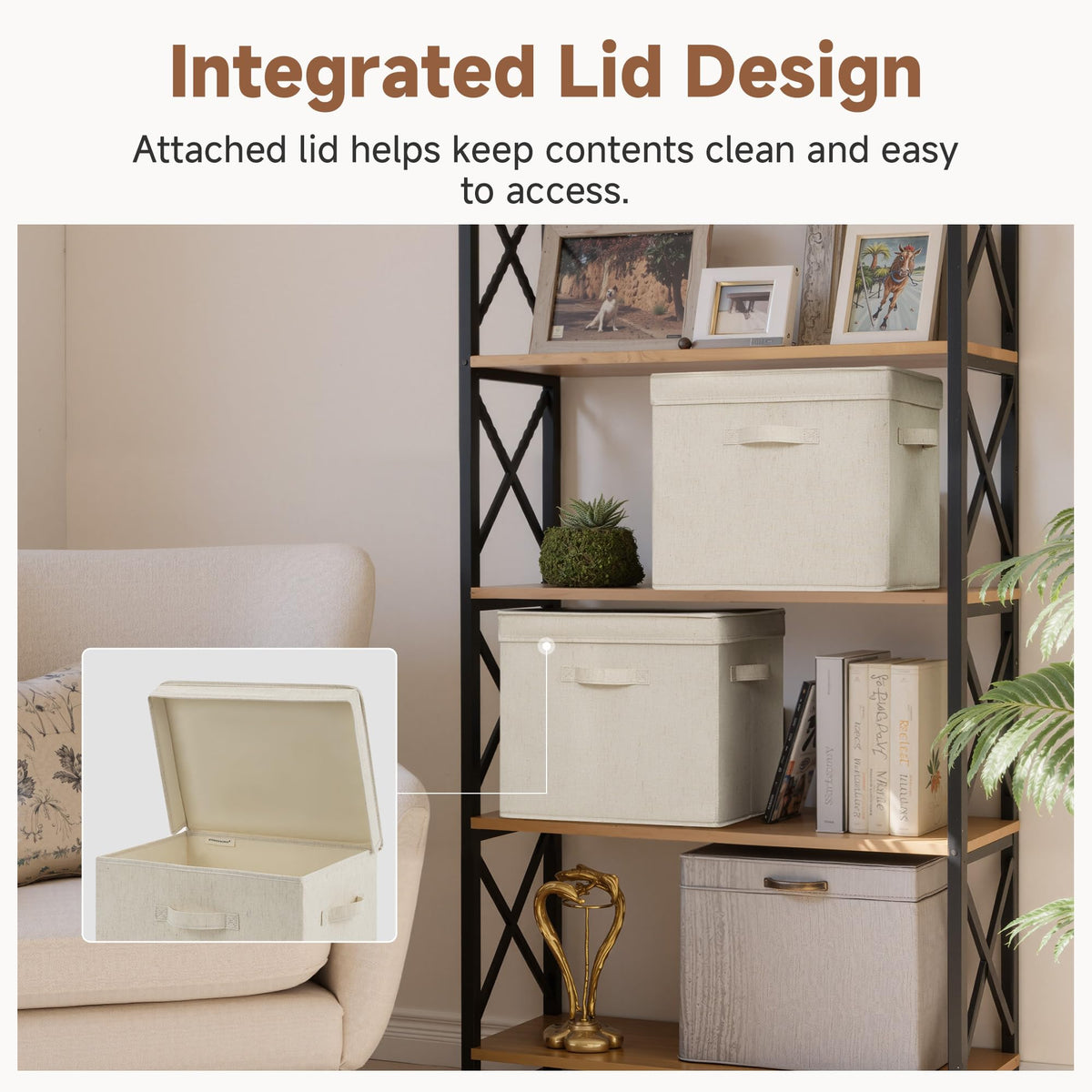 StorageWorks collapsible fabric bin in beige folded flat for storage