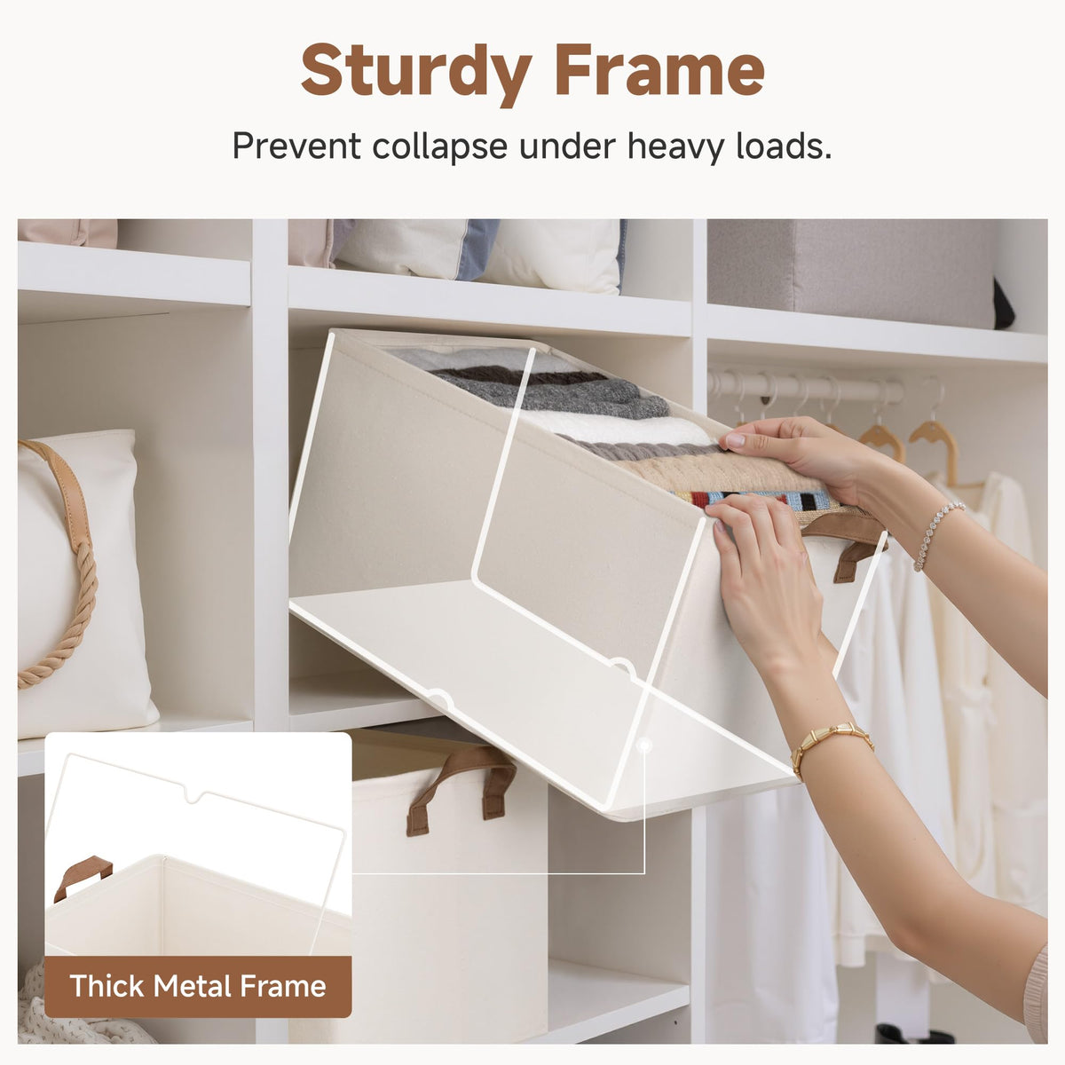 StorageWorks collapsible storage bin folds flat for compact storage when not in use.