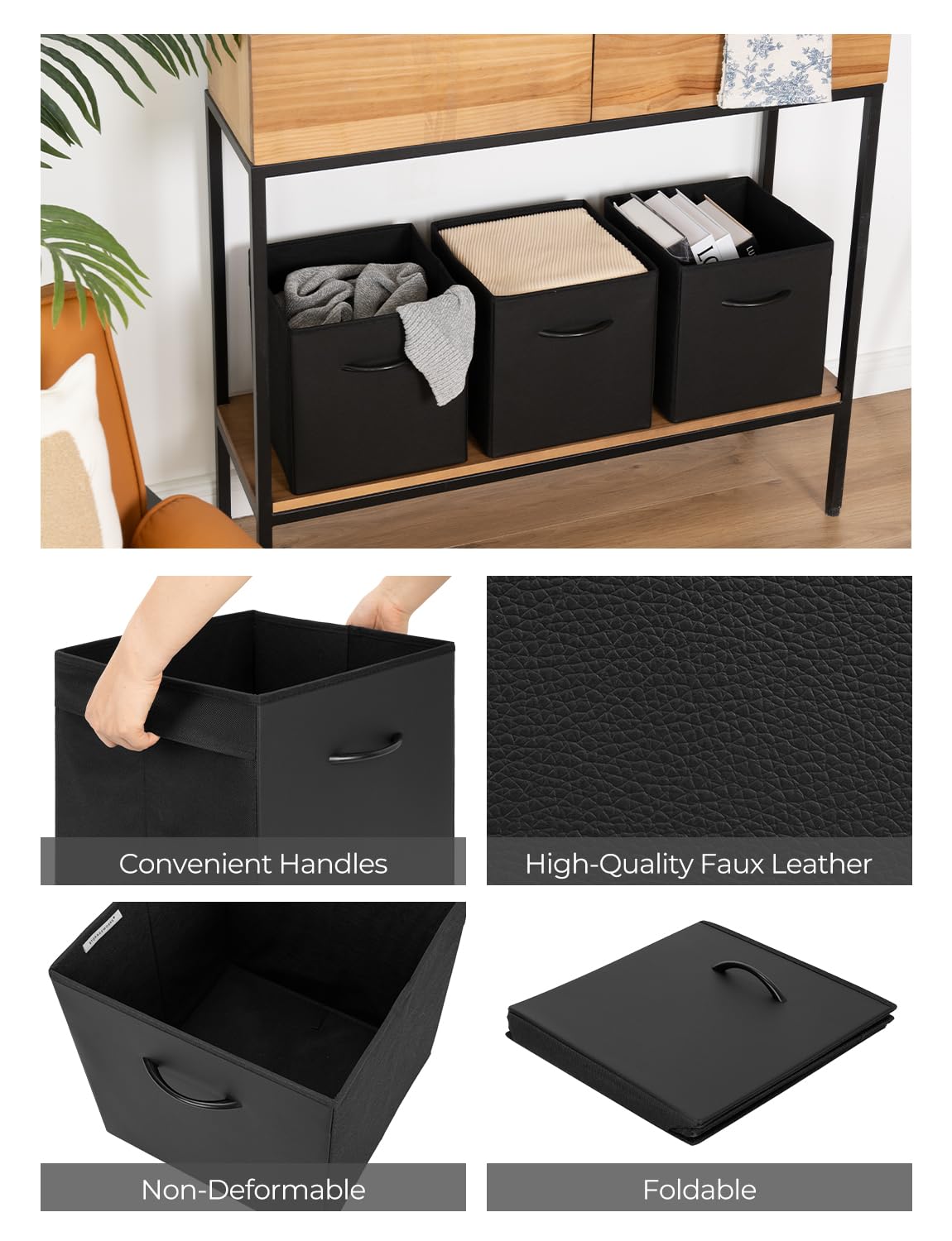 StorageWorks cube bin with front pull handle and fabric side handles for easy transport.