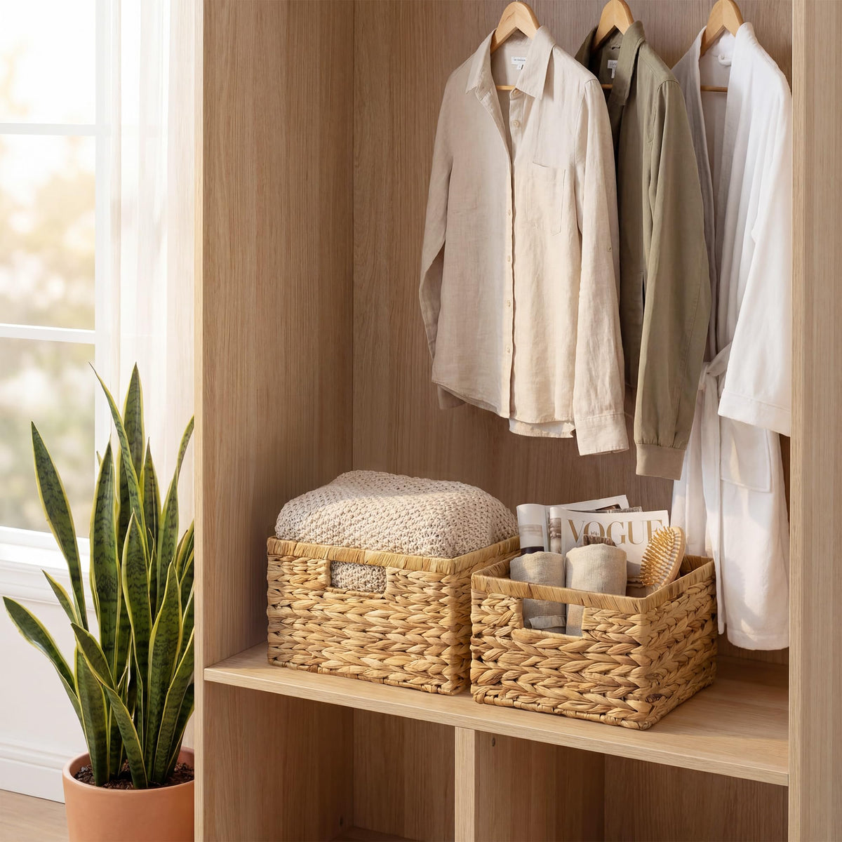 StorageWorks decorative wicker baskets add natural texture to shelves and rooms.