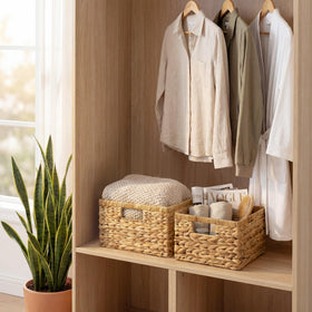 StorageWorks decorative wicker baskets add natural texture to shelves and rooms.