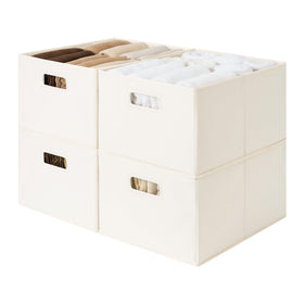 StorageWorks fabric storage bin with cutout handles for easy grip on shelves