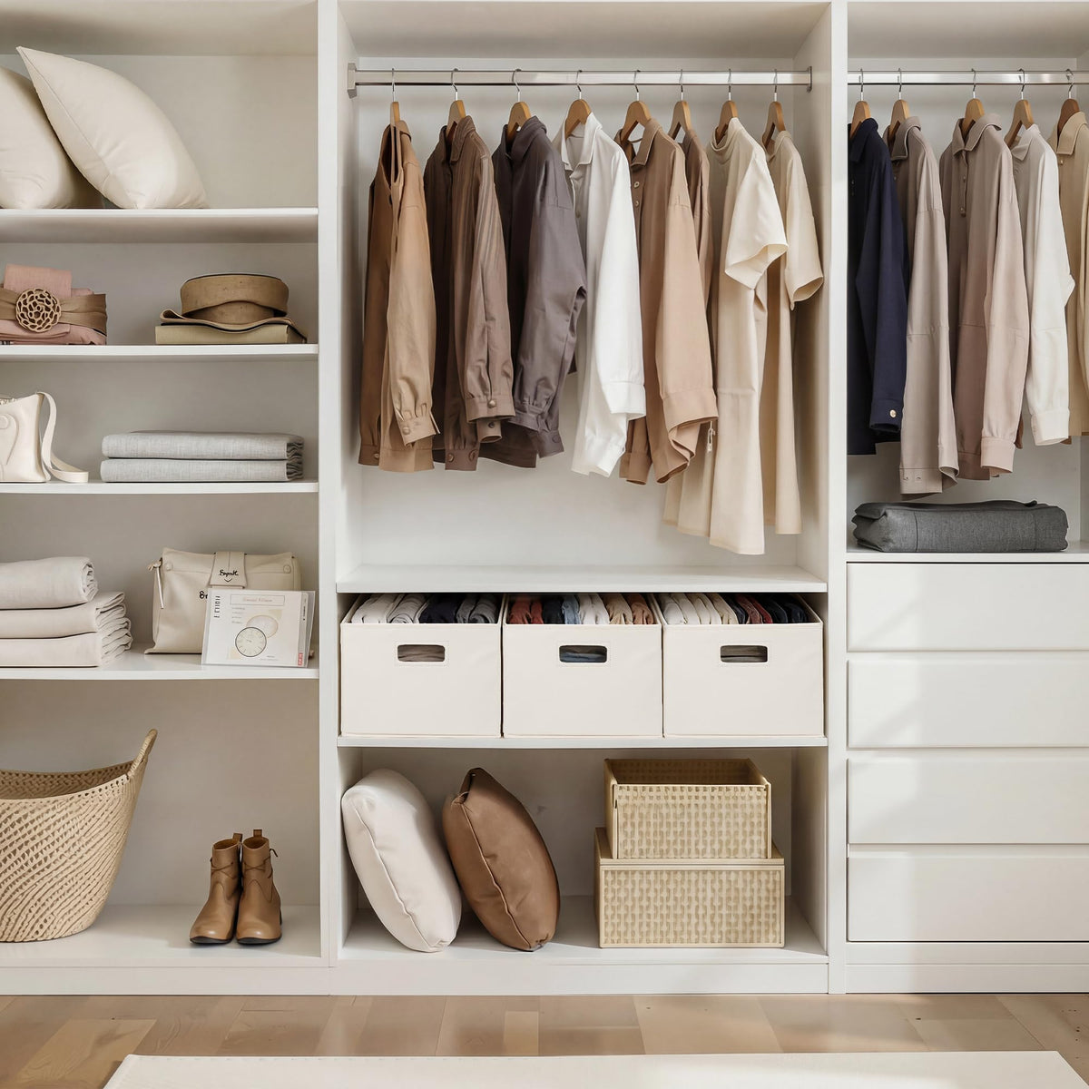 StorageWorks ivory fabric bin on a shelf for neat closet organization