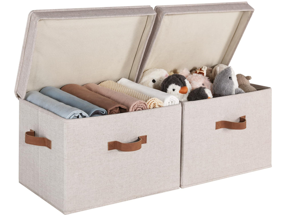 StorageWorks fabric storage bin with lid on shelf keeps items dust-free.