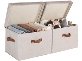 StorageWorks fabric storage bin with lid on shelf keeps items dust-free.
