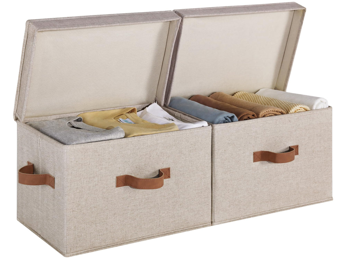 StorageWorks fabric storage bin with lid front view for easy access and organization on shelves.