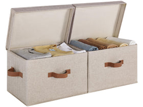 StorageWorks fabric storage bin with lid front view for easy access and organization on shelves.