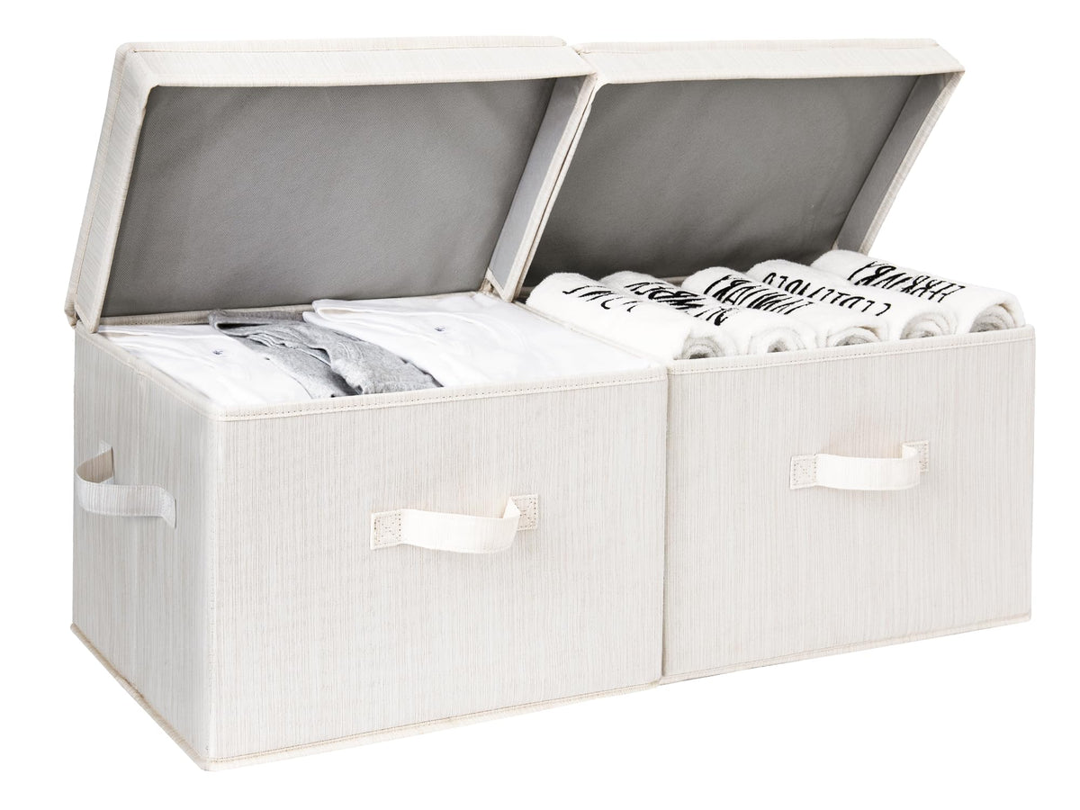 StorageWorks fabric storage bins with lid in beige for organized shelves