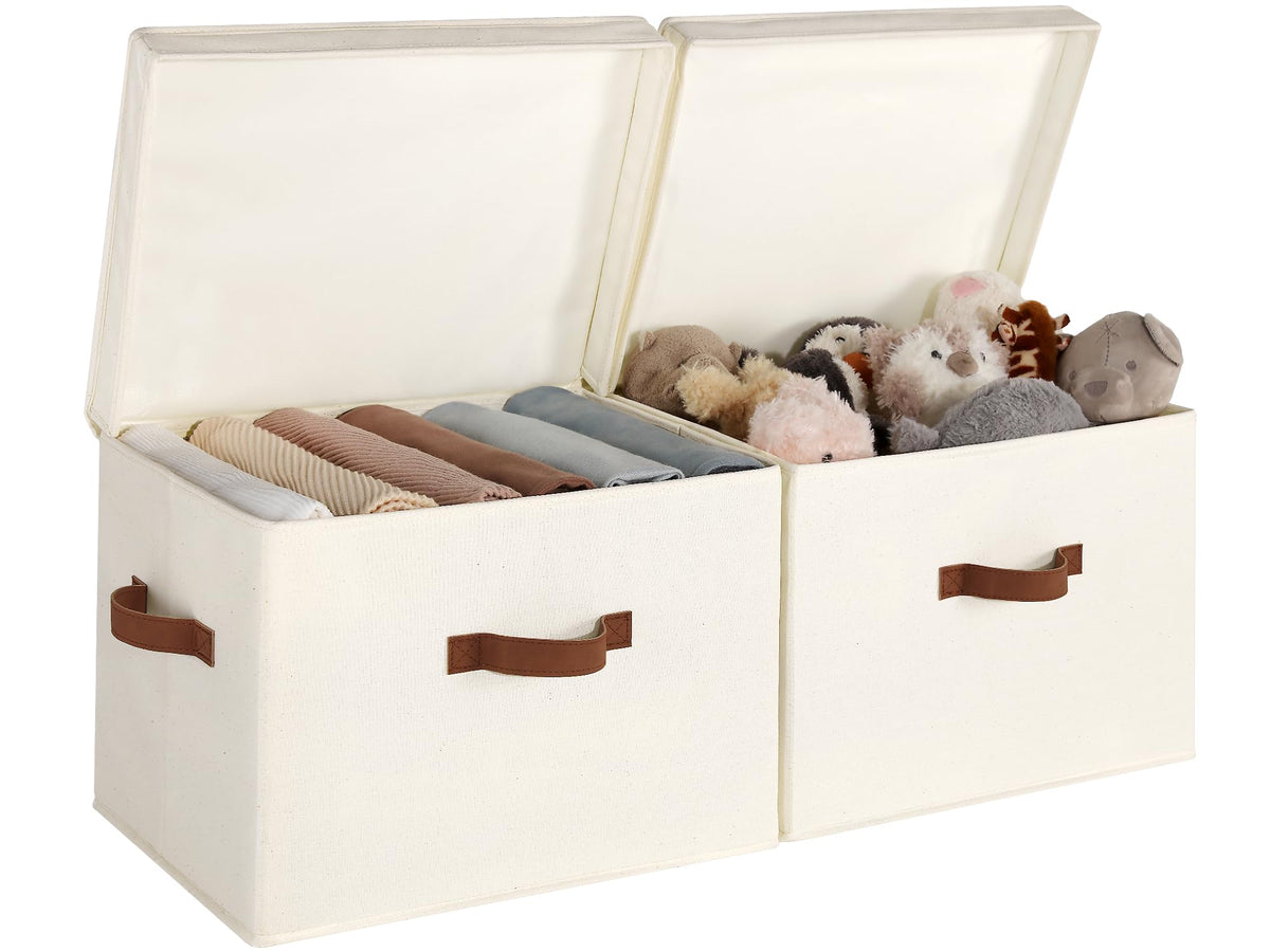 StorageWorks fabric storage bins with lid in ivory on a shelf for neat, accessible storage.