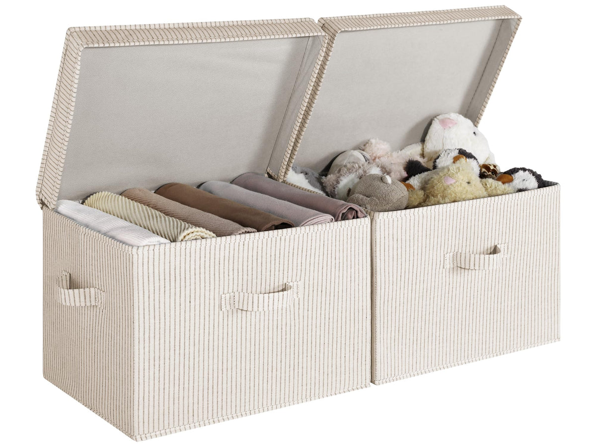 StorageWorks fabric storage bin with lid in jumbo khaki stripes on shelf