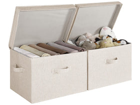 StorageWorks fabric storage bin with lid in jumbo khaki stripes on shelf