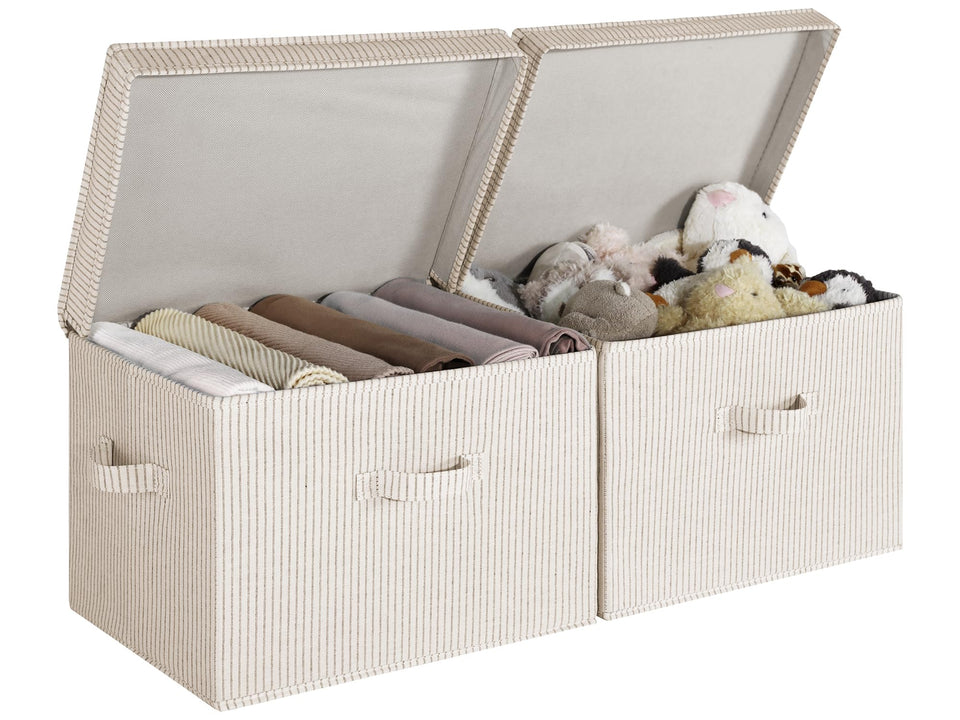 StorageWorks fabric storage bin with lid in jumbo khaki stripes on shelf