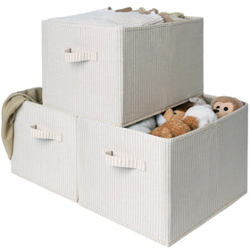 StorageWorks foldable shelf bin beige stripes for clutter-free closet storage.