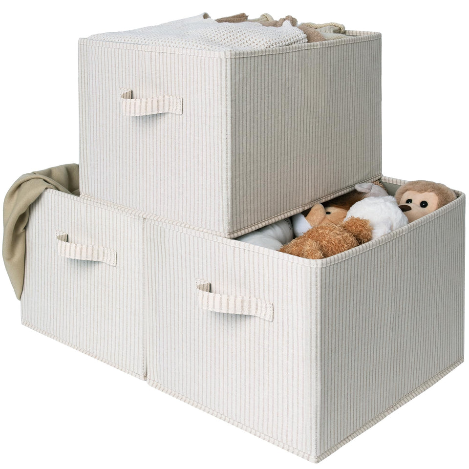 StorageWorks foldable shelf bin beige stripes for clutter-free closet storage.