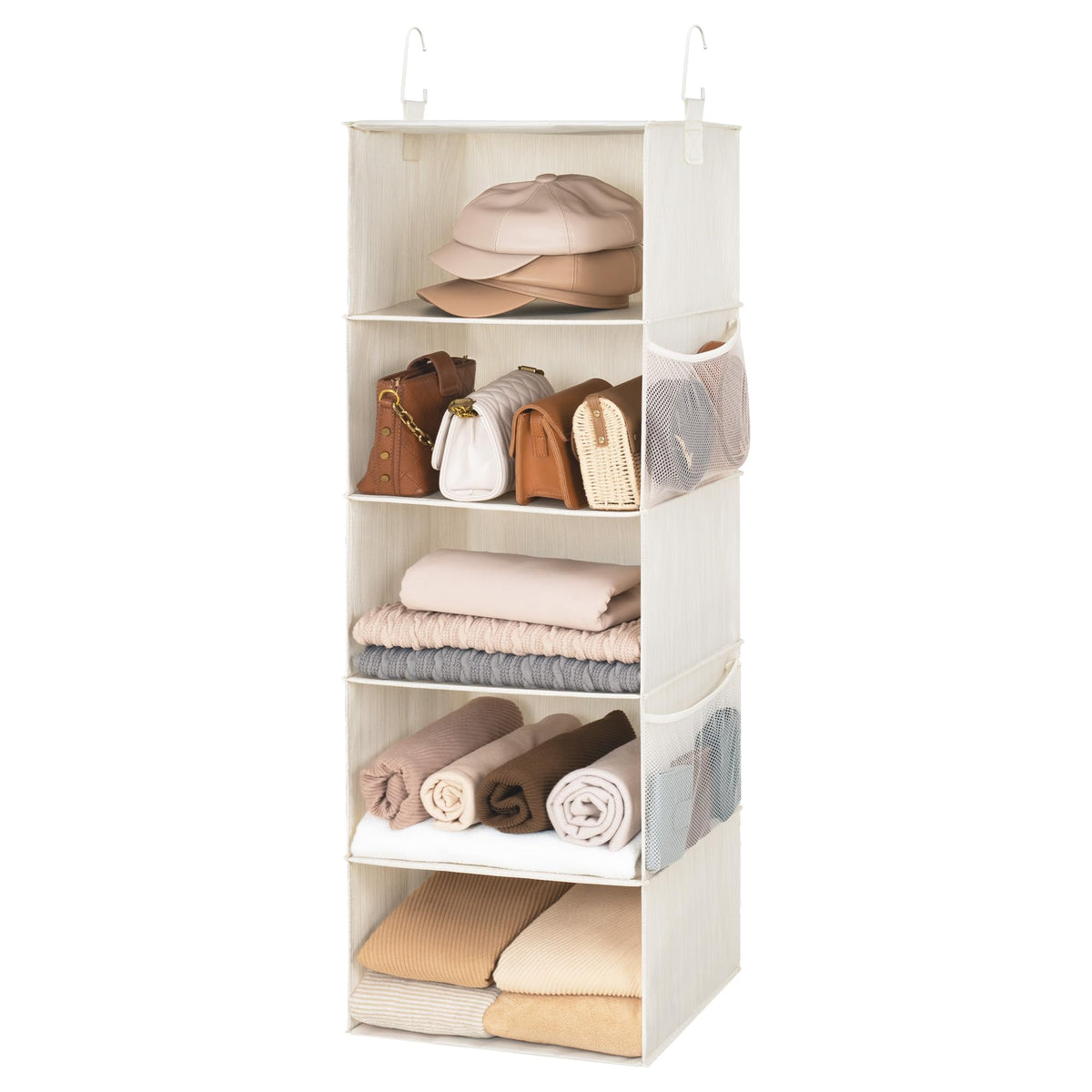 StorageWorks hanging closet organizer with five shelves and two hooks for neat storage.