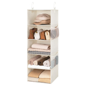 StorageWorks hanging closet organizer with five shelves and two hooks for neat storage.