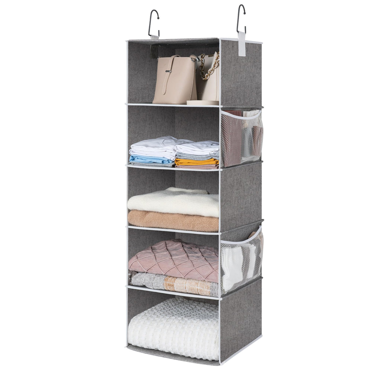 StorageWorks hanging closet organizer with five shelves keeps clothes neatly stored.
