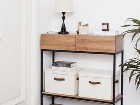 StorageWorks ivory-white bin on shelf for towels or clothes