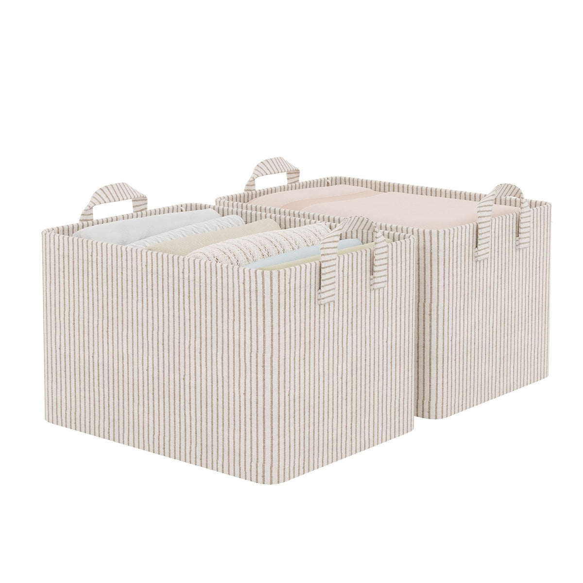 StorageWorks khaki-beige striped fabric bin, side view, ideal for shelf organization.