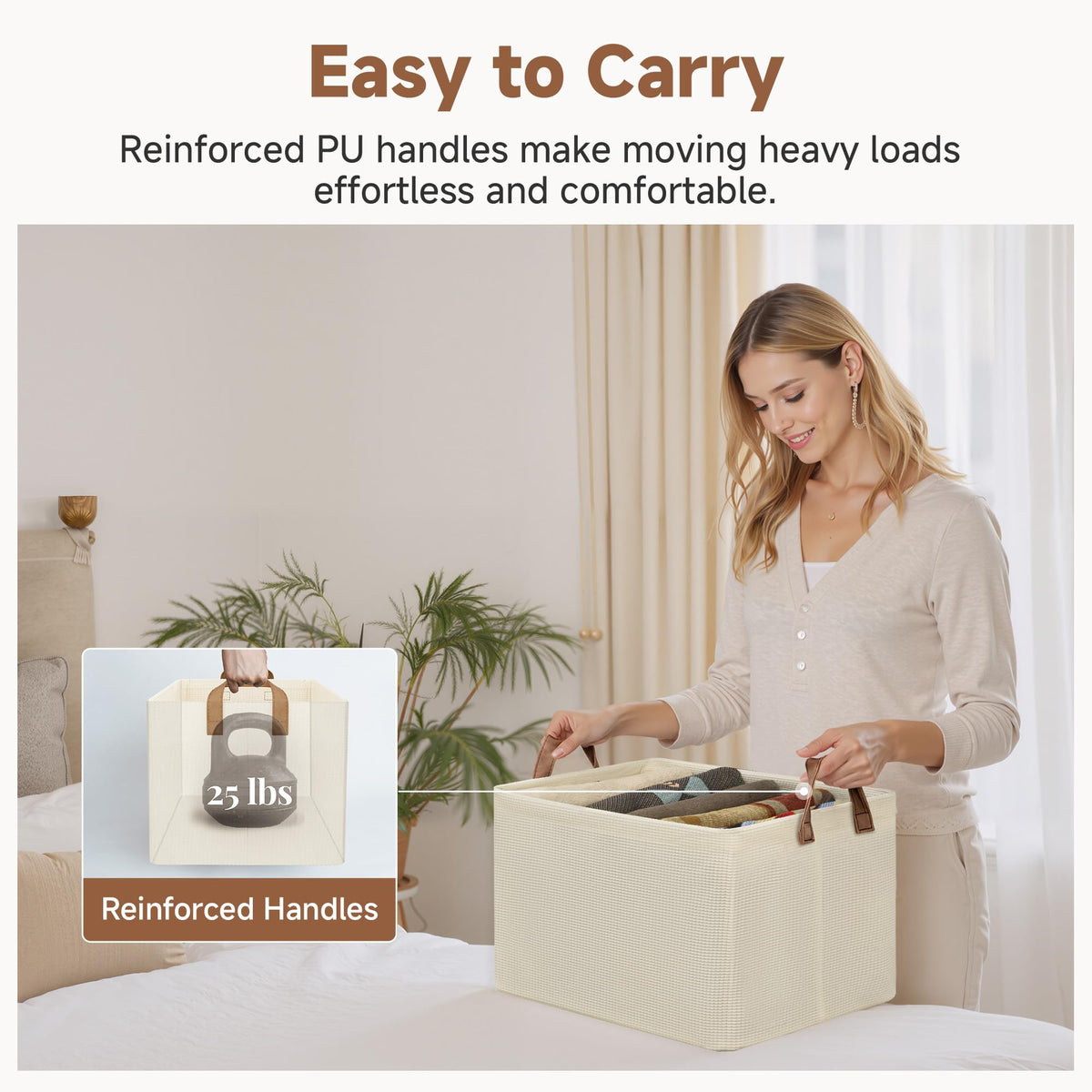 StorageWorks large-capacity bin in bedroom setup with blankets