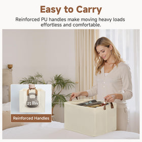StorageWorks large-capacity bin in bedroom setup with blankets