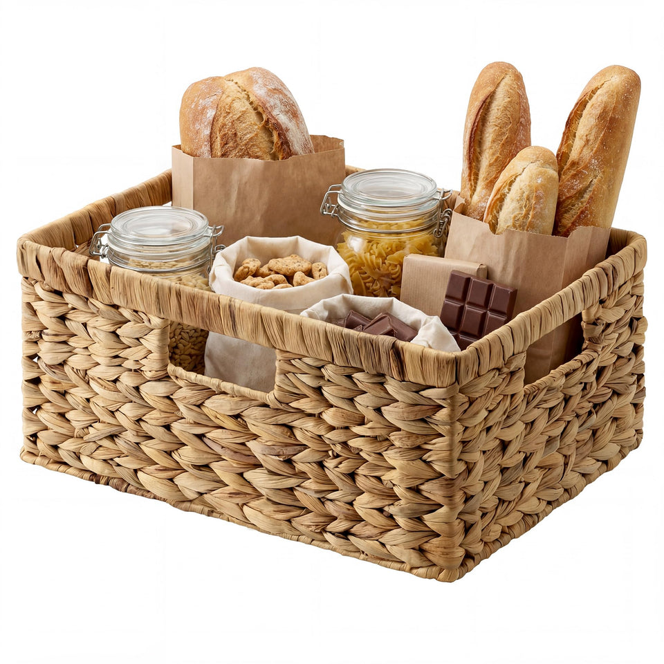 StorageWorks large rectangular wicker basket with water hyacinth weave for stylish organization.