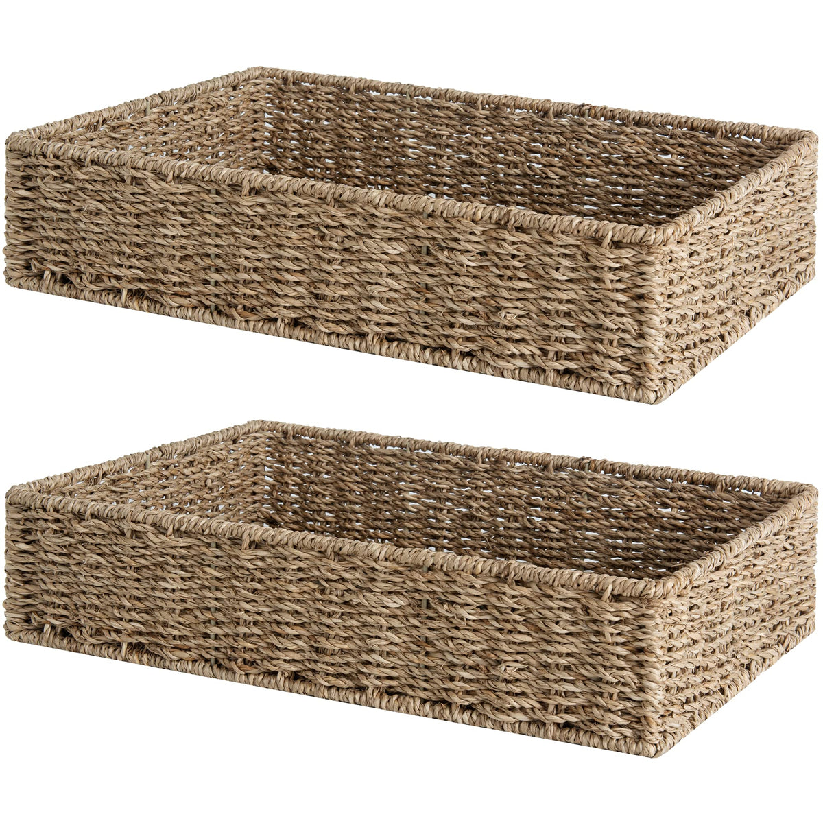StorageWorks large seagrass tray on bathroom shelf for towel organization.
