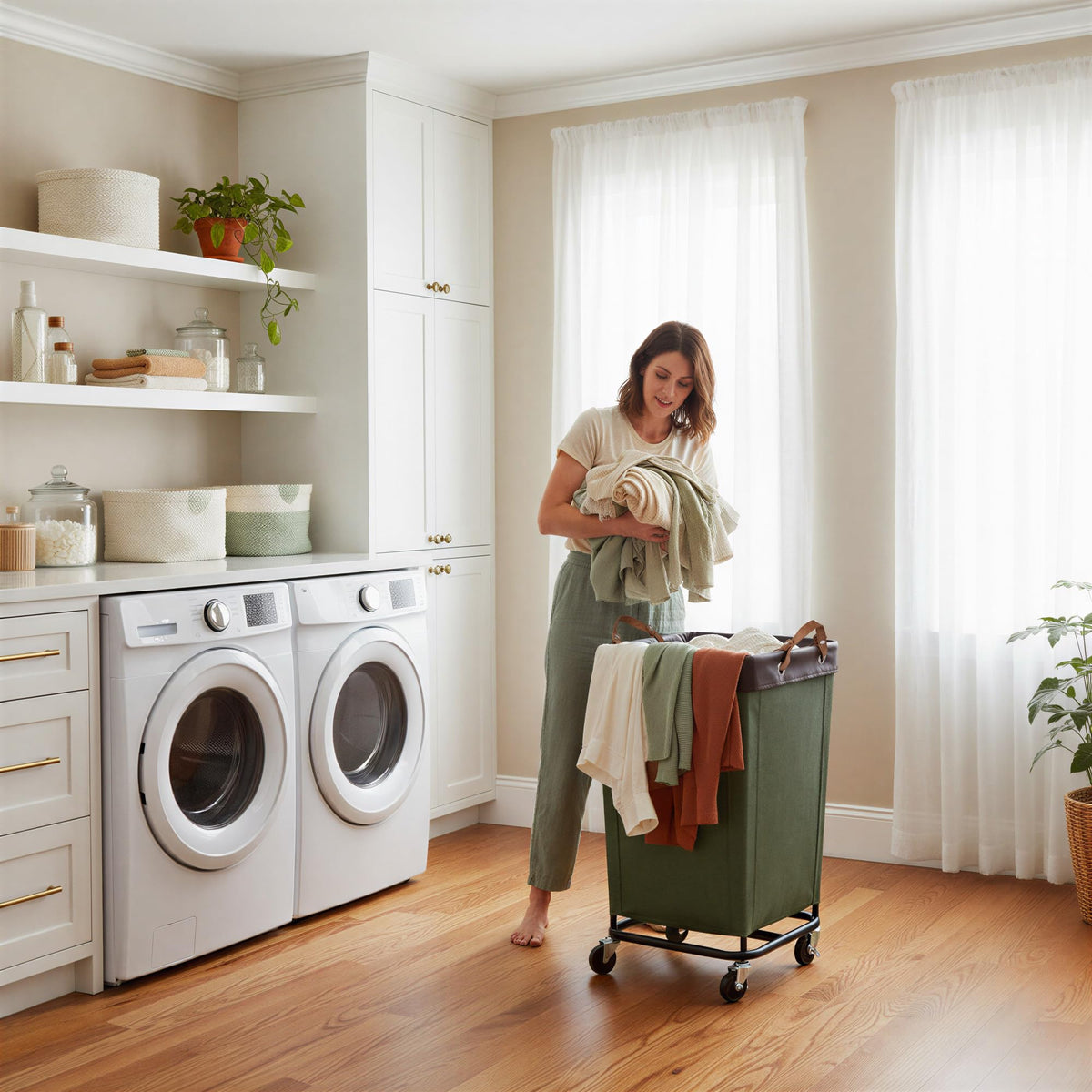 StorageWorks laundry basket with soft leather handle provides a comfortable grip.