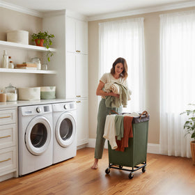 StorageWorks laundry basket with soft leather handle provides a comfortable grip.