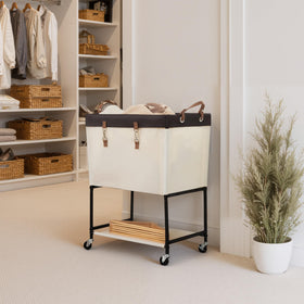 StorageWorks Laundry Cart beige finish blends with any laundry room.