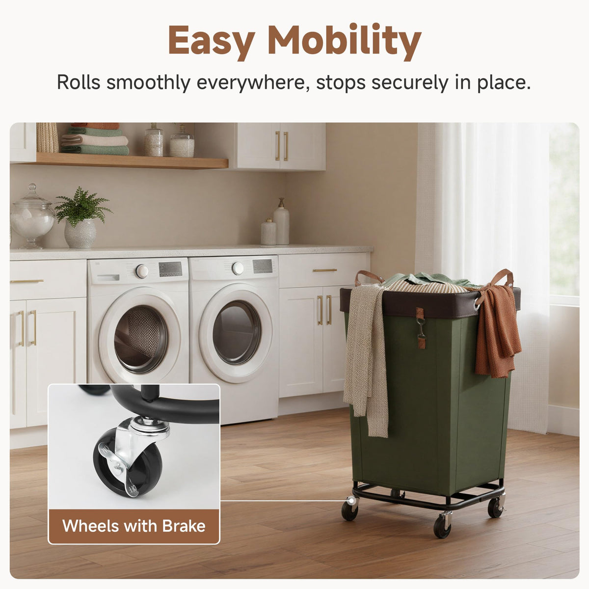 StorageWorks laundry cart with steel frame stays upright even when full.