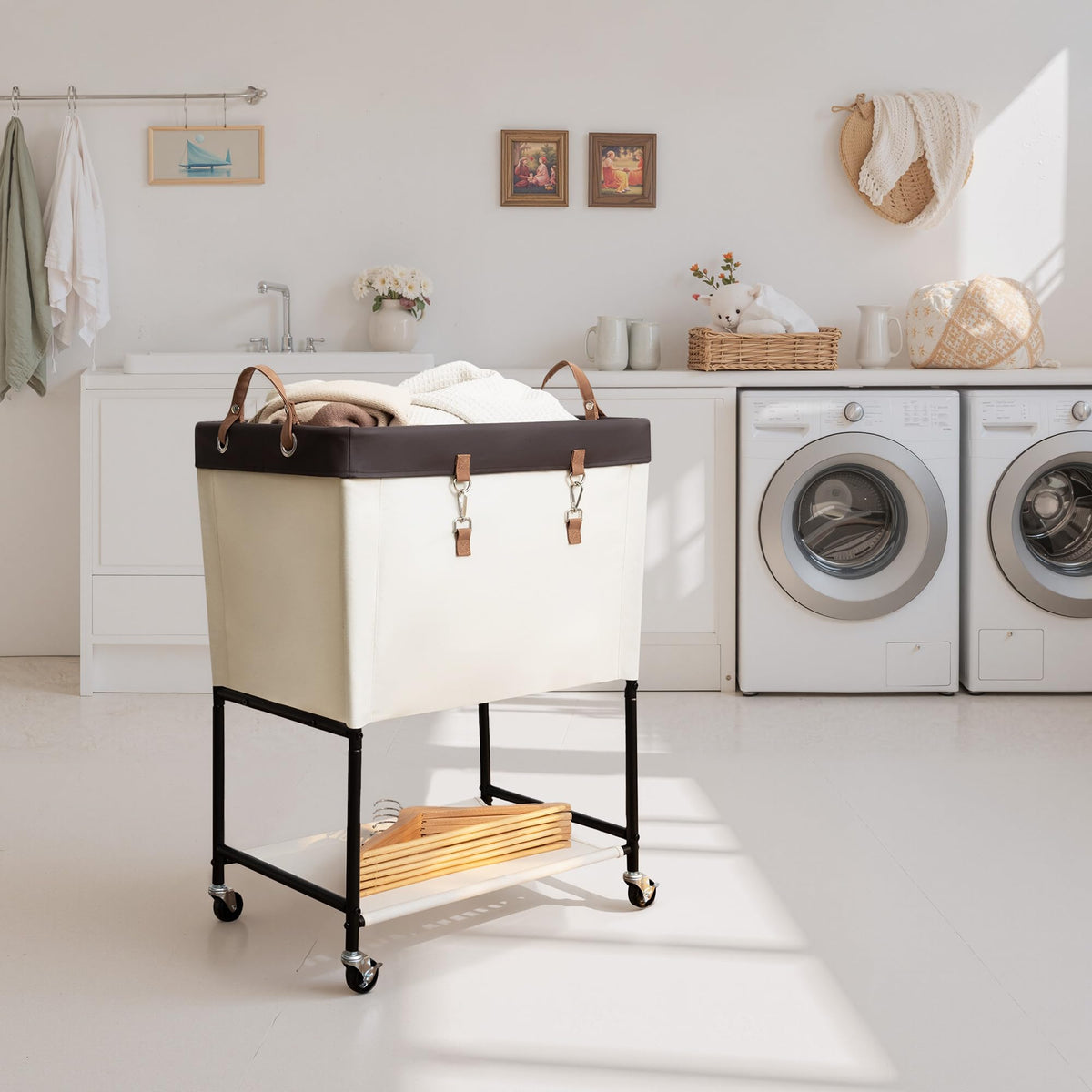 StorageWorks Laundry Cart with rolling wheels for quiet movement.