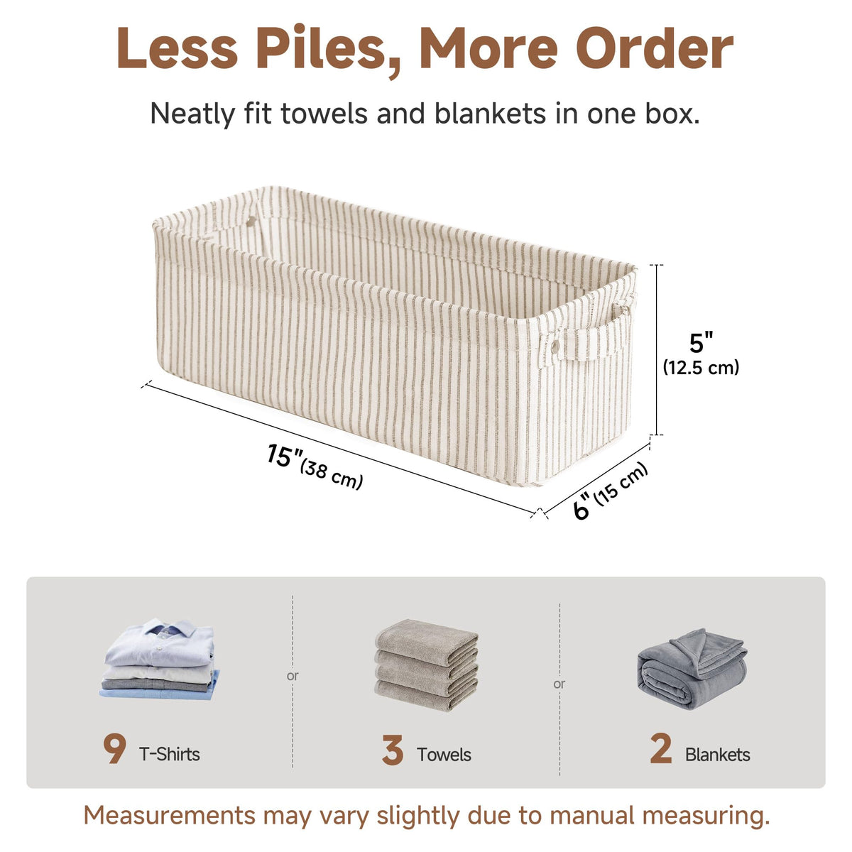 StorageWorks narrow storage bin on shelf showcases compact closet organization.