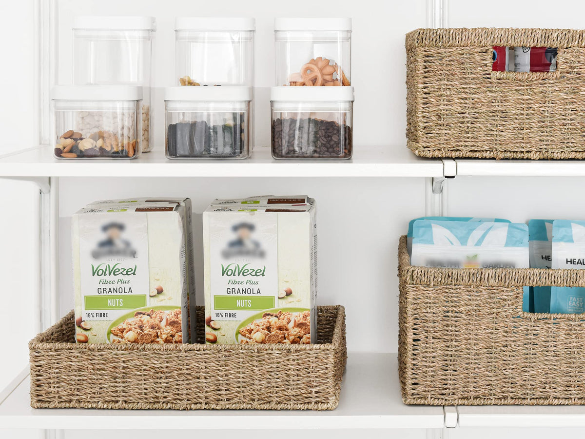 StorageWorks natural seagrass baskets highlighting eco-friendly material and texture.
