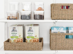 StorageWorks natural seagrass baskets highlighting eco-friendly material and texture.