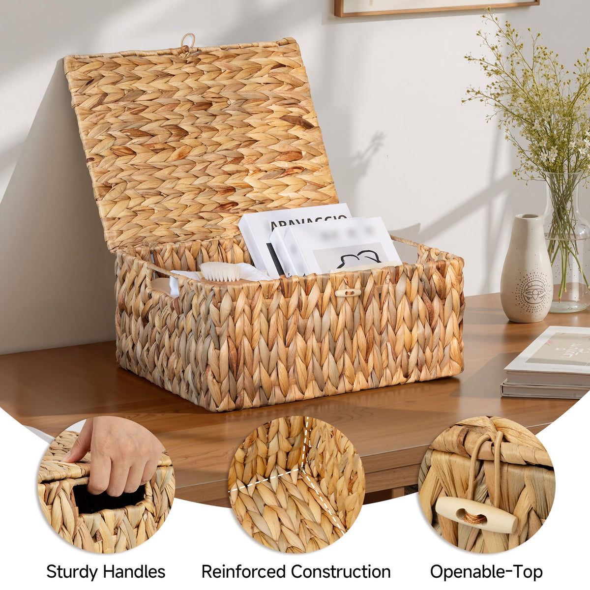 StorageWorks natural water hyacinth woven frame highlighting renewable material