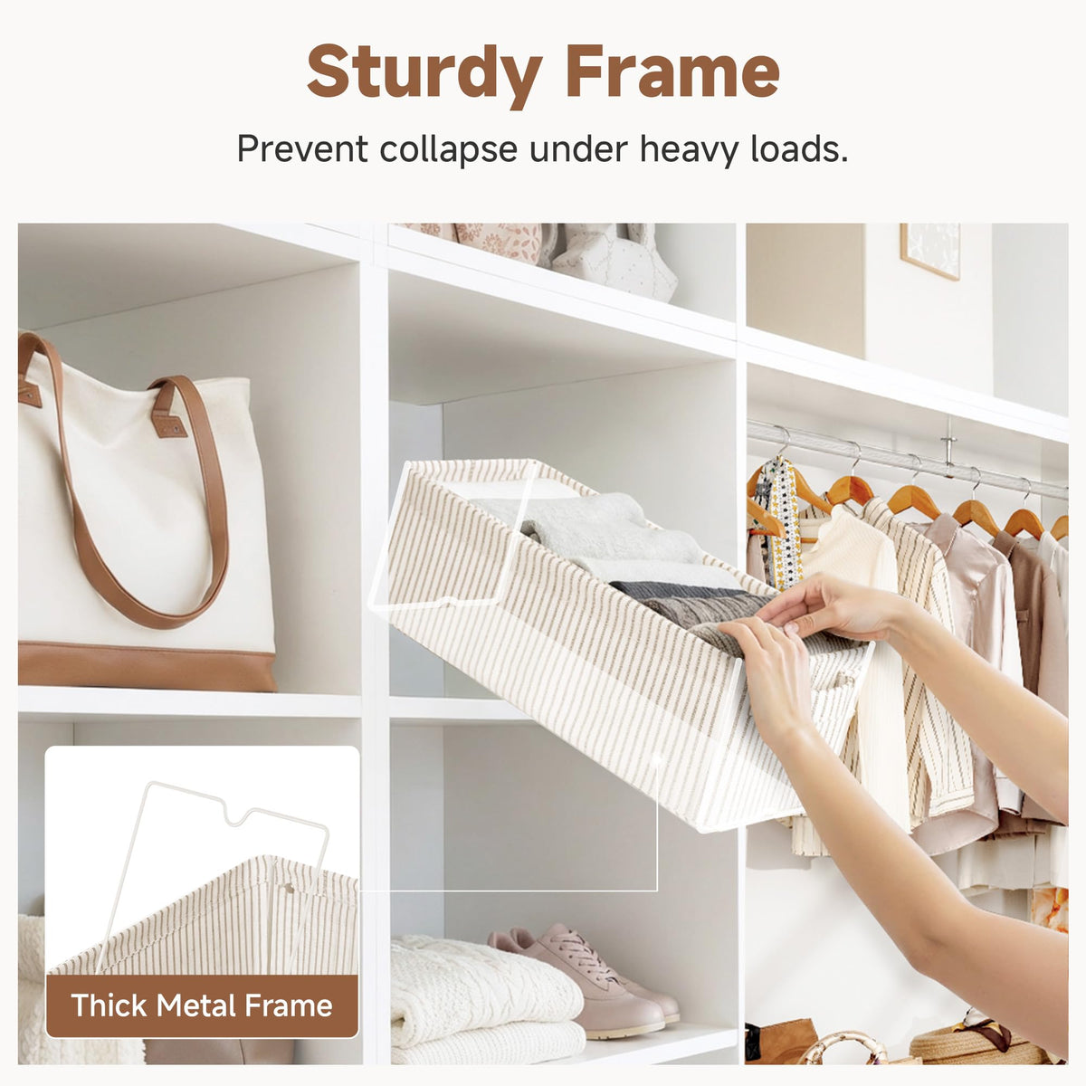StorageWorks organizer bin in closet holding towels and small items.