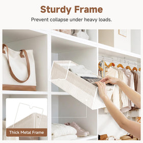 StorageWorks organizer bin in closet holding towels and small items.