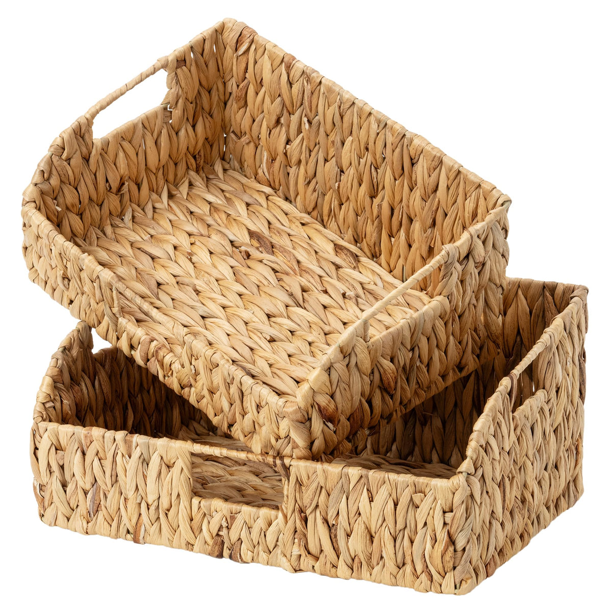 StorageWorks pantry basket with open-front top enables quick access on a kitchen shelf.