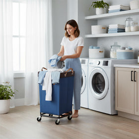 StorageWorks rolling cart with soft leather handle for comfortable grip.