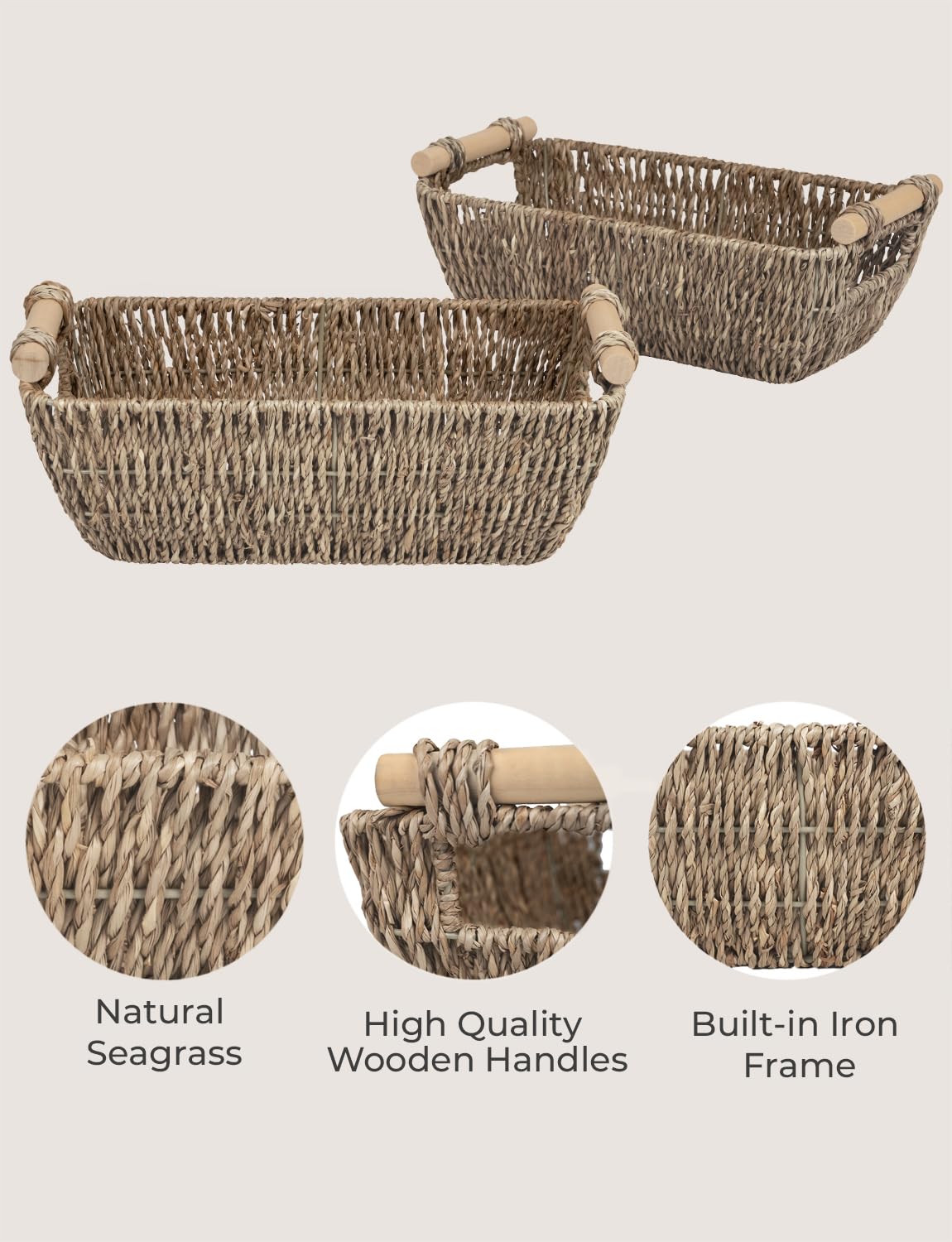 StorageWorks seagrass basket on bookshelf for neat small-item storage