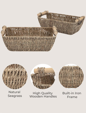 StorageWorks seagrass basket on bookshelf for neat small-item storage