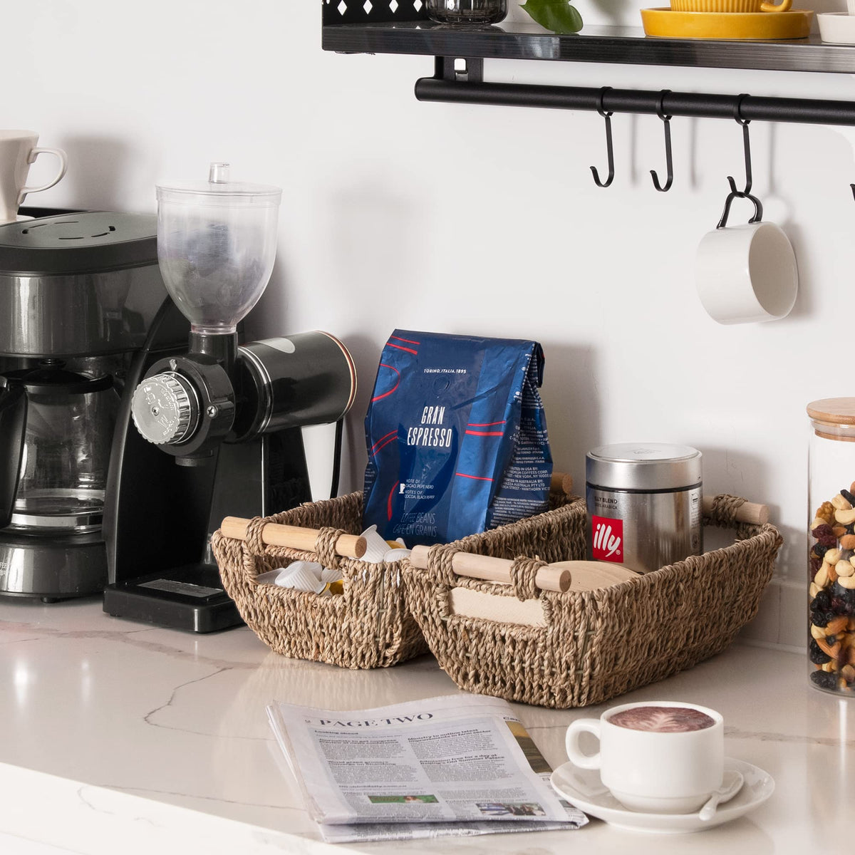 StorageWorks seagrass basket on desk keeps supplies within reach