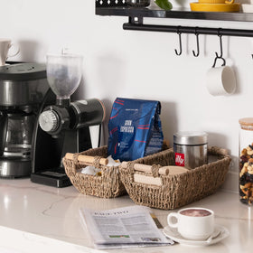 StorageWorks seagrass basket on desk keeps supplies within reach