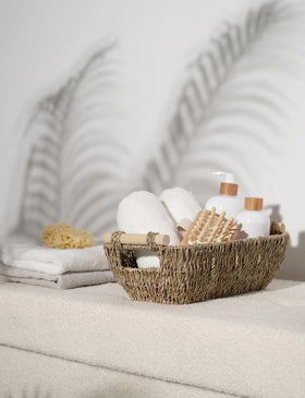 StorageWorks seagrass basket on office desk stores stationery neatly