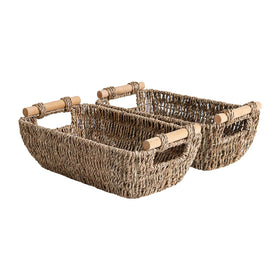 StorageWorks seagrass basket with wooden handles on toilet tank for tidy storage
