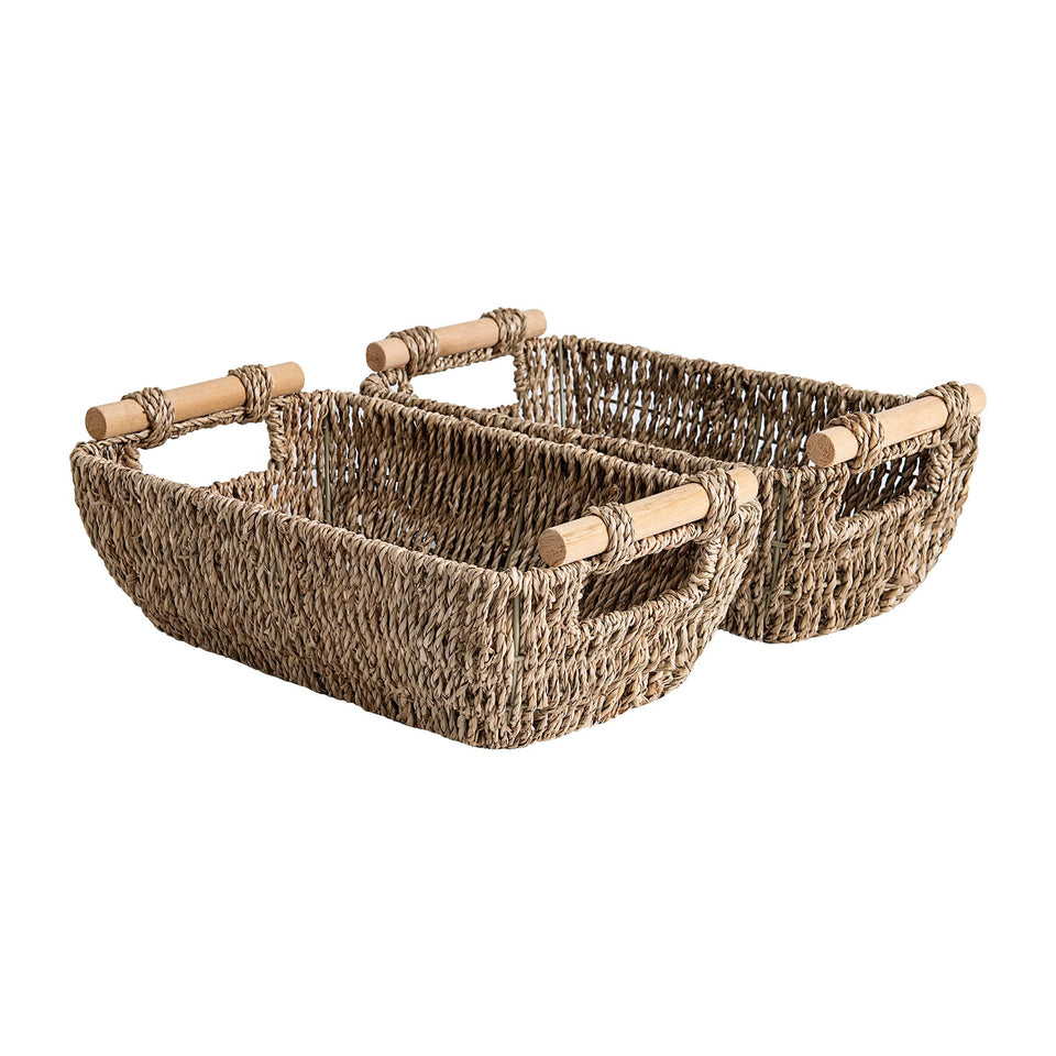 StorageWorks seagrass basket with wooden handles on toilet tank for tidy storage