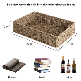 StorageWorks seagrass basket on toilet tank keeping essentials within reach.