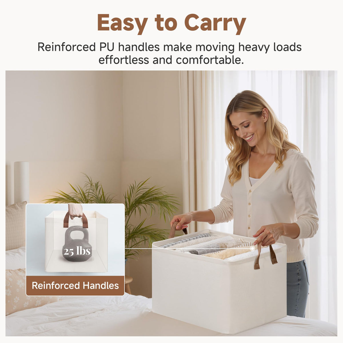 StorageWorks shelf and closet bin in natural color blends with any decor.